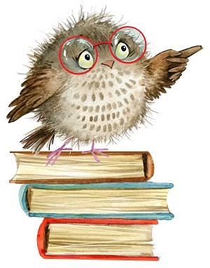Pointing owl standing on books. 